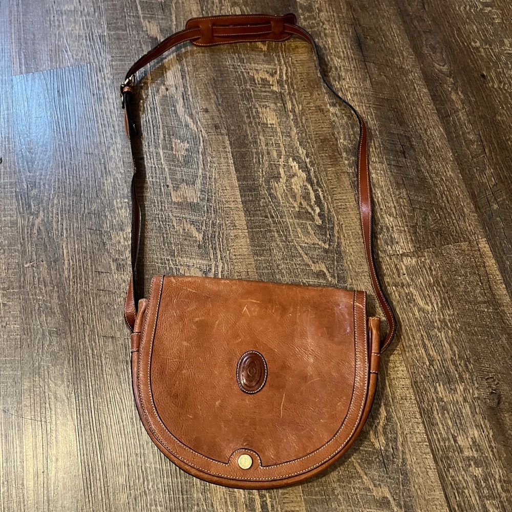 Vintage Pollini Italian Leather Saddle Crossbody Bag Two Tone Tan Brown